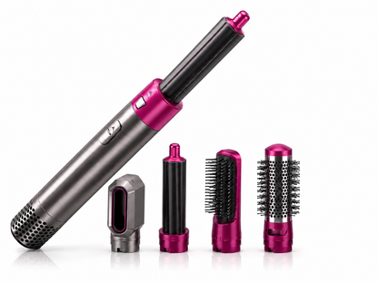 A metallic gray and magenta hair styling tool set with multiple attachments, including a cylindrical brush-style tool, a flat brush attachment, a round brush attachment, and a small detached component, shown on a clean white background.