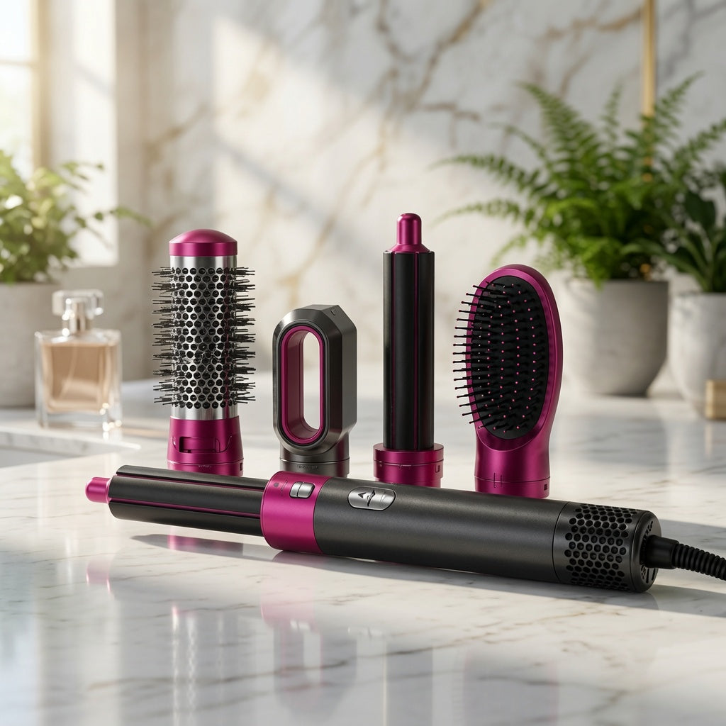 A hair styling tool set with a black and magenta cylindrical device and several attachments, arranged on a marble countertop with plants and a perfume bottle in a bright bathroom-like setting.